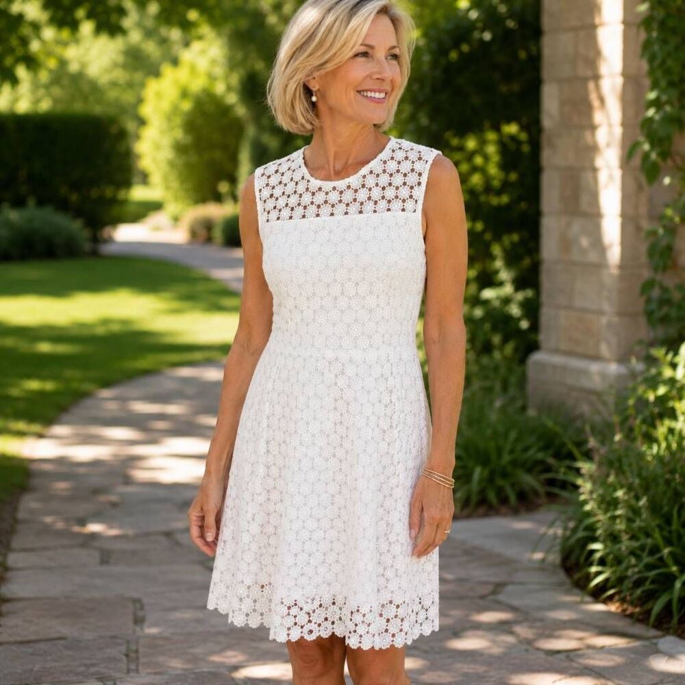 Ellie Tahari Womens Lace Sleeveless Fit & Flare Mini Dress Off White Size 6